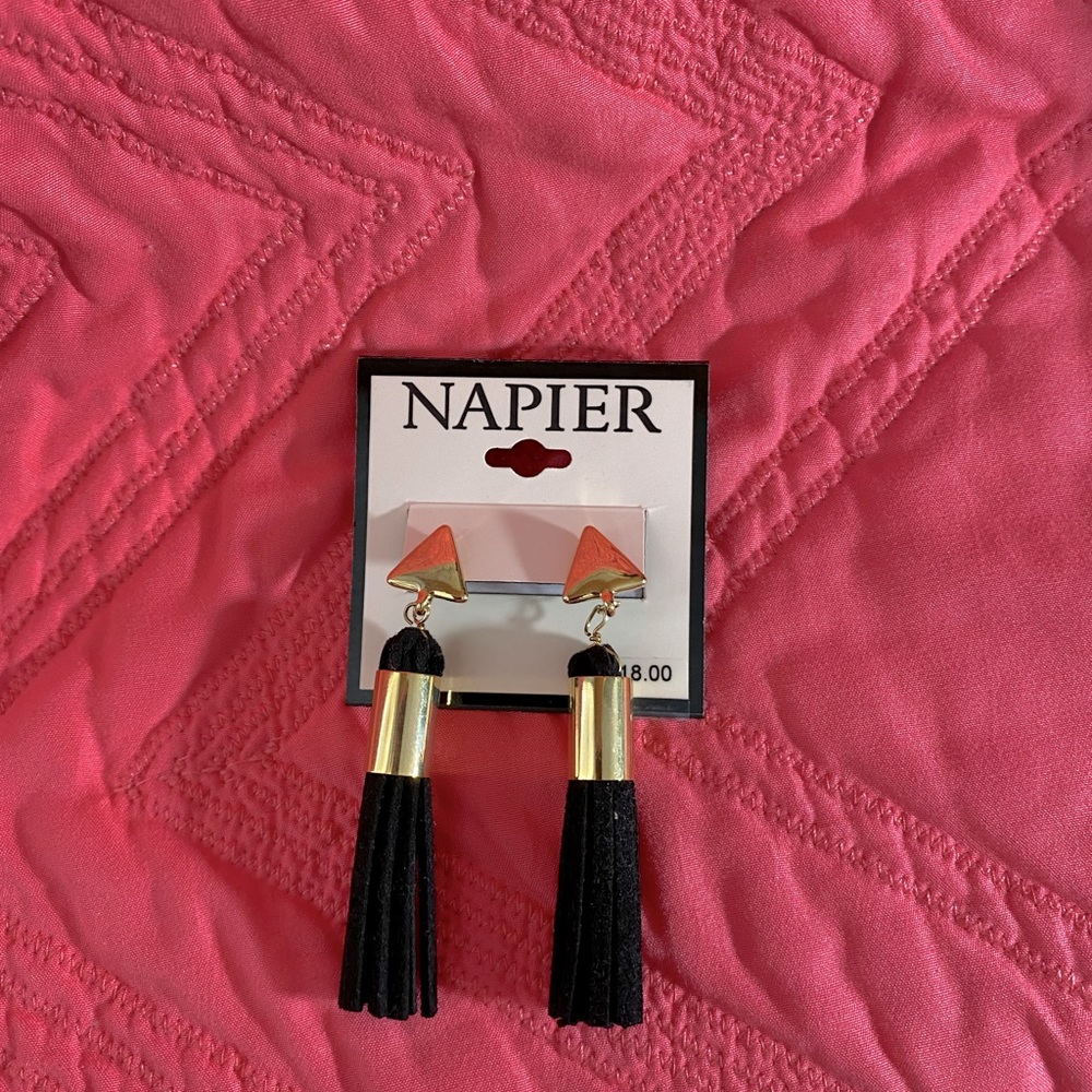 NWT NAPIER EARRINGS, gold with black fringe